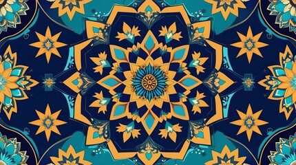 Luxury Islamic Geometric Pattern with Gold and Turquoise Mandala on Dark Background