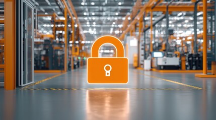 Digital Lock Symbol Overlaying Secure Environment in Factory Setting