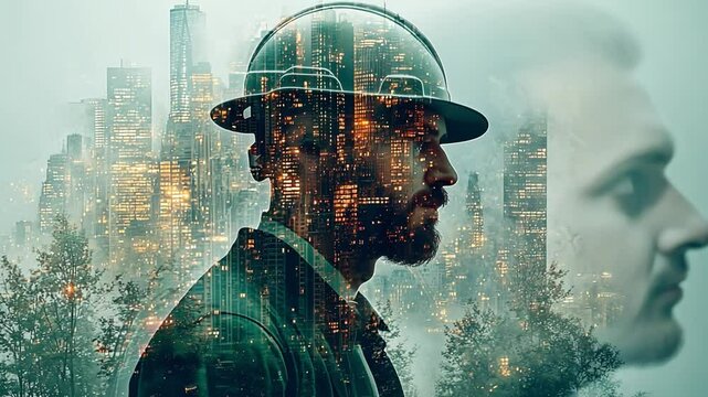 The Urban Architect: A thought-provoking double exposure image of a bearded man wearing a hard hat, with the cityscape of a modern metropolis superimposed over his face.