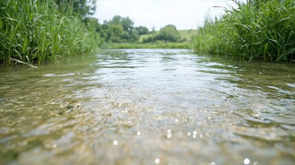 Calm river flowing through lush green vegetation. Peaceful nature scene for travel brochures