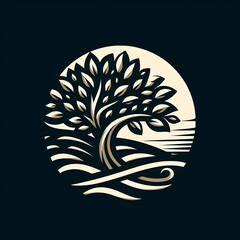 Obraz premium A vector illustration of a stylized tree logo design, featuring a circular frame with intricate details,