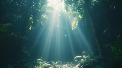 Obraz premium Sunbeams pierce lush jungle; nature backdrop