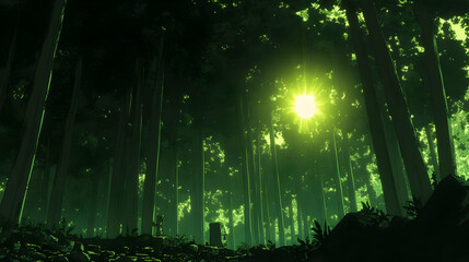 Obraz premium Sunlit Forest Path, Mystical Mood, Game Background