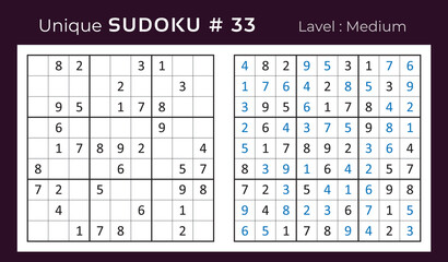 Vector sudoku puzzle with answer. Sudoku, number puzzle game with numbers for kids and adults.