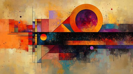 Vibrant abstract art boldly uses warm colors and geometric shapes creating a dynamic composition. AI Generated