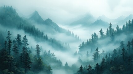 Fototapeta premium Serene Forest Landscape in Fog with Green Trees and Soft Light