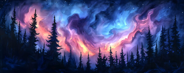 Fototapeta premium Night sky, forest, vibrant clouds, fantasy art, wallpaper