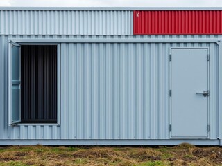 Fototapeta premium Small white shed with red trim in barren field overlooking calm grey ocean, unit, shed, grey