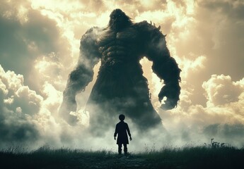 David vs Goliath Youthful Shepherd Boy Confronts Giant Warrior in Epic Bible Story of Courage and Bravery
