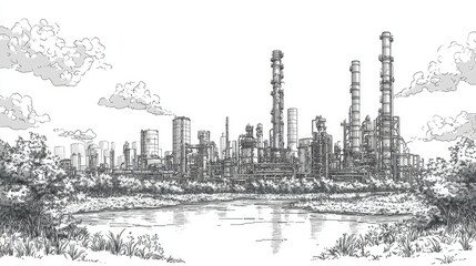 Fototapeta premium Industrial Refinery Complex Beside a Tranquil River Scene