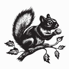 Black and white Squirrel Eating a Nut on a Tree Branch Image vector isolated on white background.