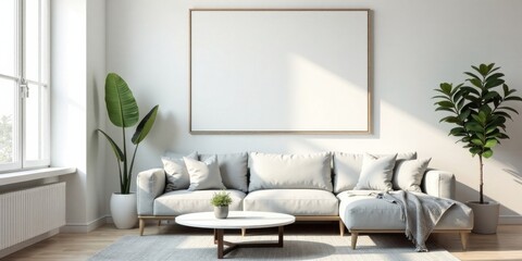Modern minimalist living room design featuring a light grey sectional sofa, large framed canvas, potted plants, and a round coffee table.