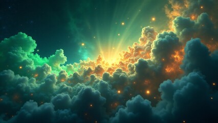 Fototapeta premium A vibrant nebula of swirling banknotes and glowing coins radiates emerald, gold, and blue hues, evoking cosmic abundance and celestial wealth.