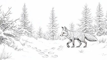 Winter Fox in Snowy Forest: A Pencil Sketch