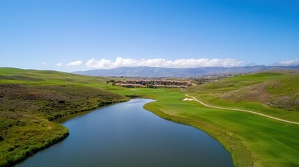 clean energy  solar marketing concept. Scenic aerial view of a golf course beside a serene lake and rolling green hills.