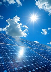 A detailed shot of solar panels with the rising sun casting a warm glow, highlighting the clean technology against a clear blue sky