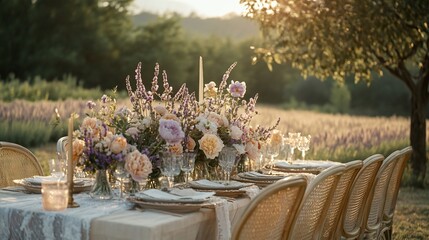 Romantic Lavender Field Wedding Table Setting at Sunset