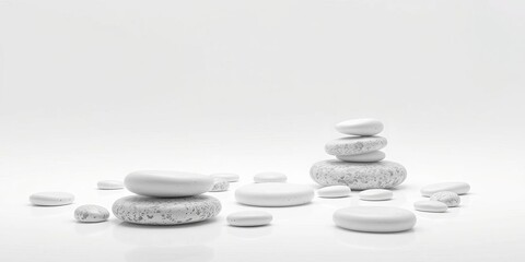 Zen stones arranged on a white background creating a peaceful and meditative atmosphere, wellness, meditative, background