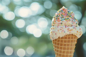 Colorful ice cream cone with sprinkles against a blurred outdoor background, evoking summer joy
