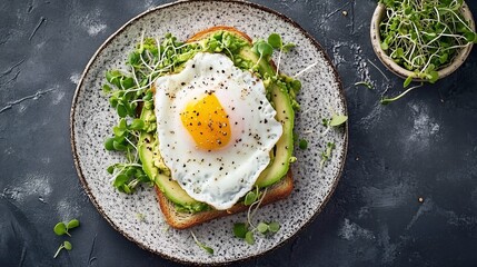 Delicious Avocado Toast with Fried Egg and Microgreens