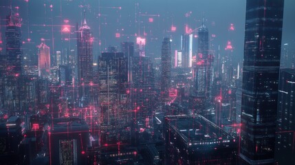 Fototapeta premium A futuristic cityscape with glowing red network lines overlaying a night view of skyscrapers