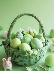 green eggs for easter in a green basket, everything in the photo is green and cute with bunnies and clings 