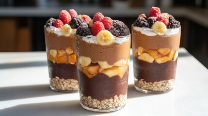 Delicious Layered Chocolate Dessert Parfaits with Fresh Berries and Banana