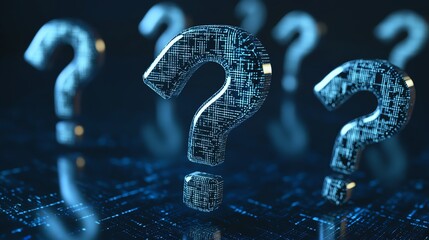 Digital question marks on dark background.