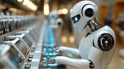 Fototapeta premium robotics lab showcasing robotic arm performing tasks with precision and advanced technology. environment is modern and innovative, highlighting automation and engineering