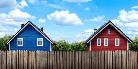 Obraz premium fence with rural houses - next door neighbors with green grass on both sides of the fence