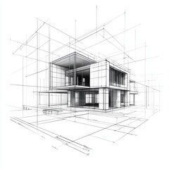 Architectural sketch of a modern house with clean lines and a spacious design.