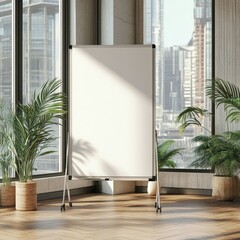 Blank whiteboard on stand in modern office with city view.