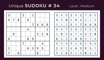 Vector sudoku puzzle with answer. Sudoku, number puzzle game with numbers for kids and adults.