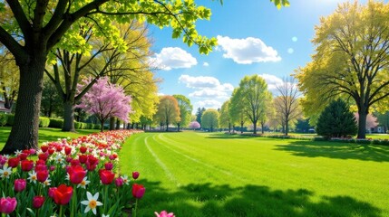 Vibrant Springtime Meadow with Blossoming Trees and Colorful Tulips Lining a Lush Green Lawn on a Sunny Day