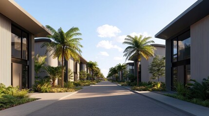 Fototapeta premium clean energy solar marketing concept. Modern residential street lined with palm trees and contemporary buildings under a clear blue sky.