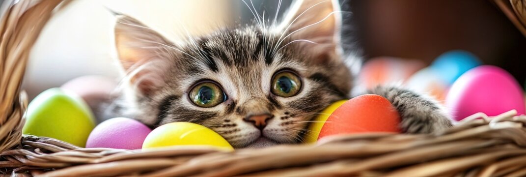 kitten laying in easter basket, easter eggs 