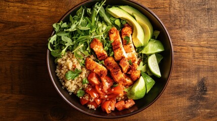 Fototapeta premium Aromatic Quinoa Bowl with Crispy Chicken, Avocado, and Fresh Vegetables