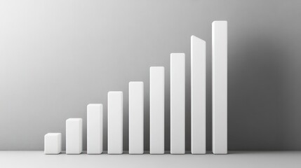 Geometric 3D bar graph in white, ascending columns on a plain background, modern and clean visualization concept