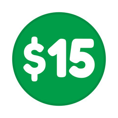 15 dollar price symbol. 15$ fifteen number with dollar sign green color round shape icon illustration. Vector label with text 15 dollar.