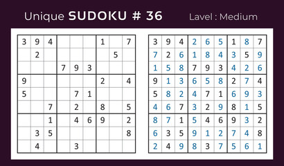 Vector sudoku puzzle with answer. Sudoku, number puzzle game with numbers for kids and adults.