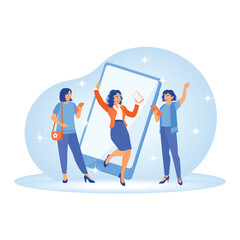 Three women standing and playing with smartphones.