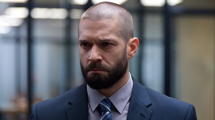 Fototapeta premium Intense moment of a well-dressed man with a shaved head and beard in a modern office setting during a serious discussion