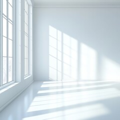 Fototapeta premium Sunlight streams into a bright, empty white room with large windows and gleaming floors.