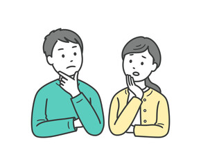 顔に手を当てて悩む成人男女夫婦の上半身イラスト
