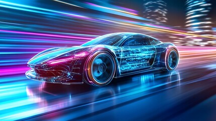 Futuristic Sports Car:  High-Speed Night Drive in a City of Lights