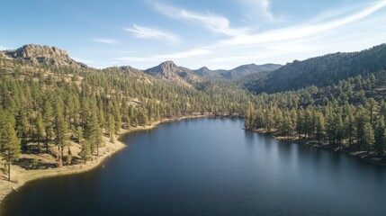 Naklejka premium Aerial View of a Serene Mountain Lake Surrounded by Dense Evergreen Forest