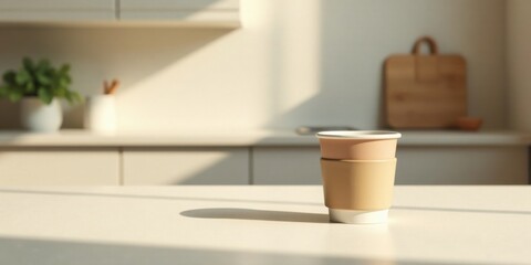 Obraz premium A cozy kitchen scene with sunlight illuminating a disposable coffee cup with a sleeve, resting on a pristine white countertop