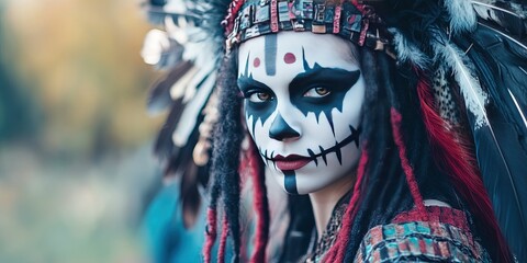 Cultural appropriation - Caucasian woman with face painted like Mexican calavera, dreadlocks hair, feathered headdress, kimono, mandala background