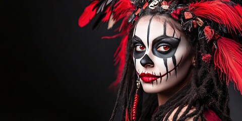 Cultural appropriation - Caucasian woman with face painted like Mexican calavera, dreadlocks hair, feathered headdress, kimono, mandala background