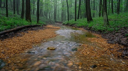 Fototapeta premium Tranquil Stream Flows Through Lush Green Forest